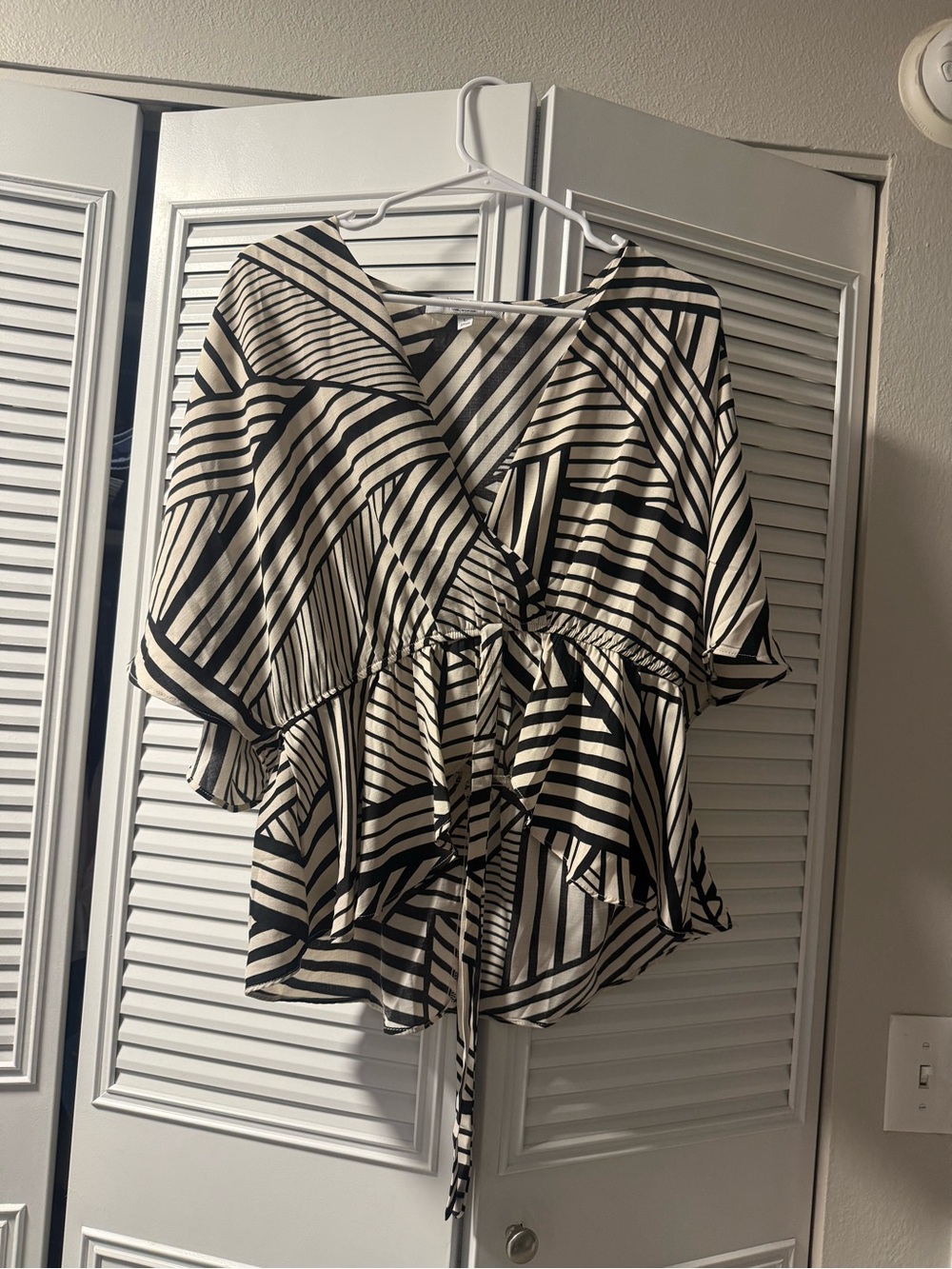 Striped Black and Cream Wrap-Front Women’s Top